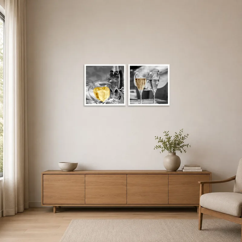 Art set featuring champagne motifs in a minimalist space with sleek furniture and white walls.