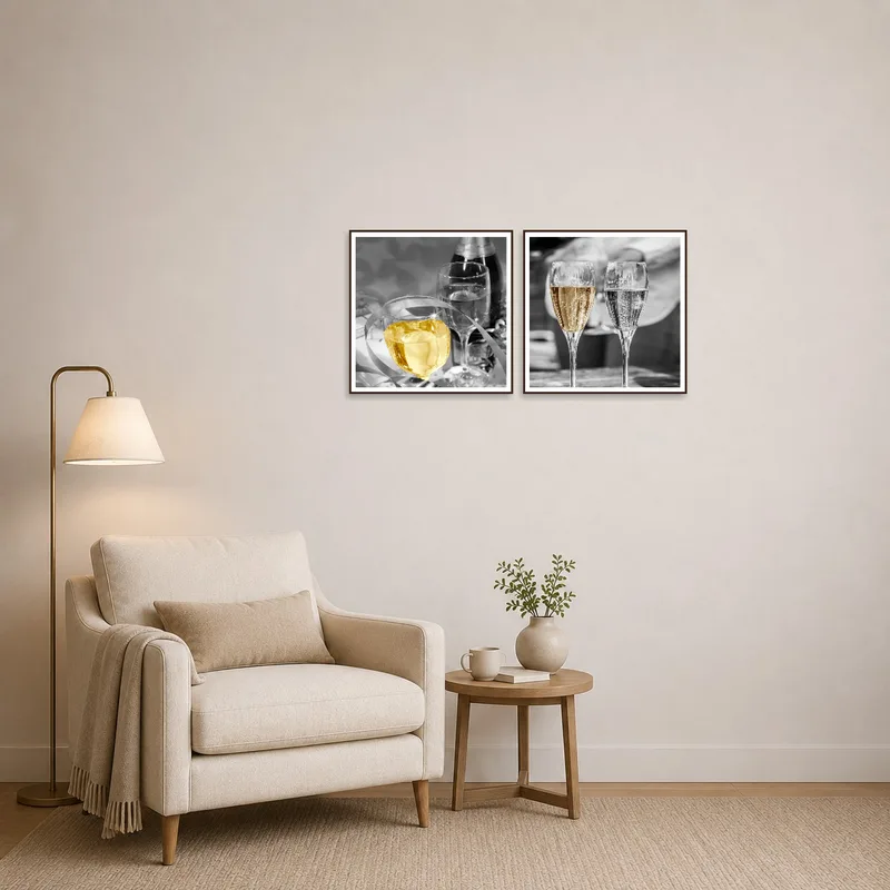 Champagne-themed art adding charm to a comfy reading corner with a cozy chair and soft lighting.