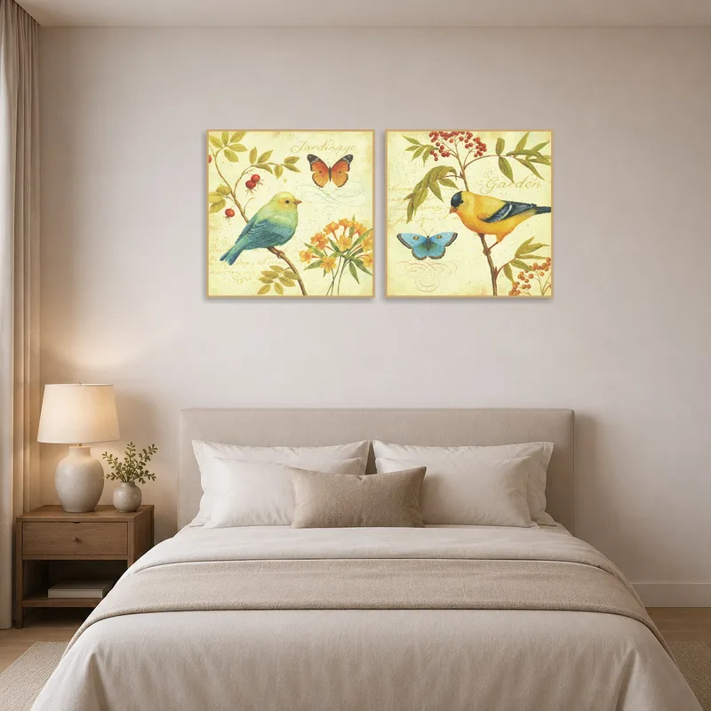 Bedroom ambiance transformed by a soothing avian and butterfly floral art set.