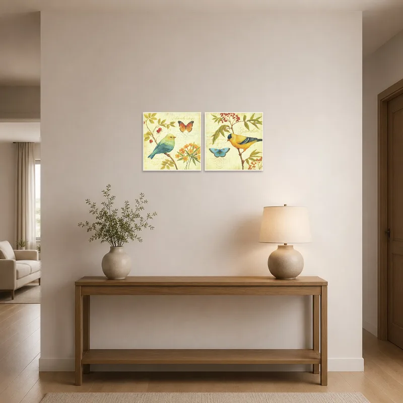 Entrance hall adorned with an avian and butterfly floral art set, creating a welcoming vibe.
