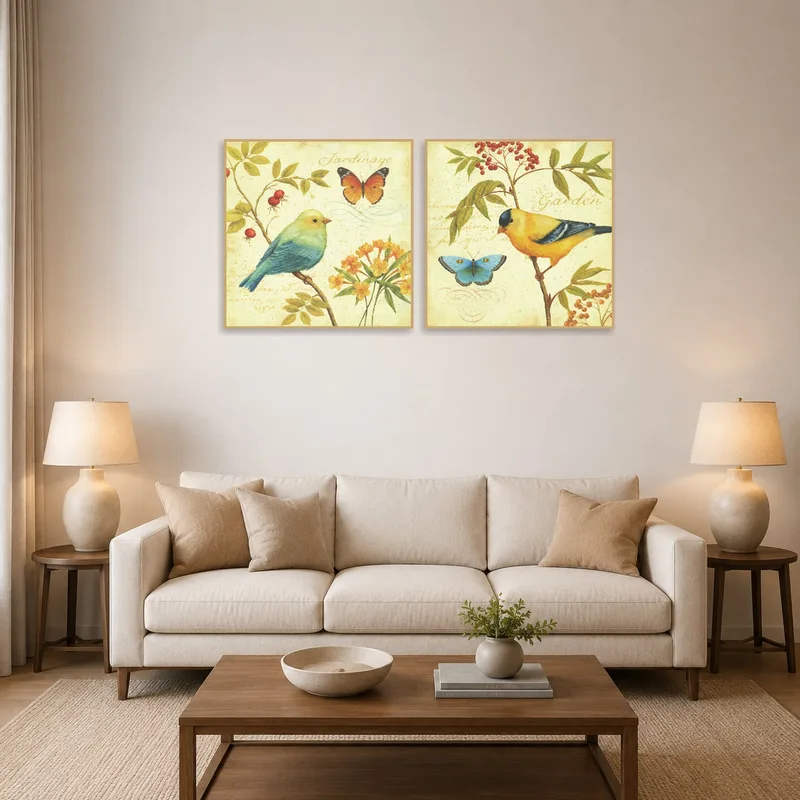 Avian and butterfly floral art set livens up the living room wall with natural charm.