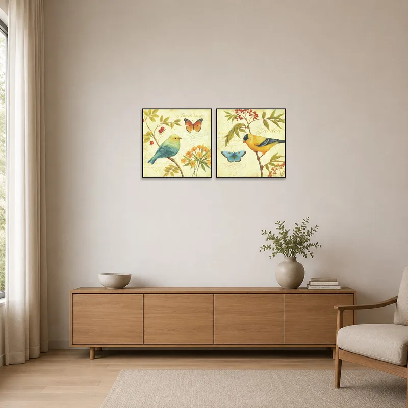 Minimalist room highlighted by a vibrant avian and butterfly floral art set.