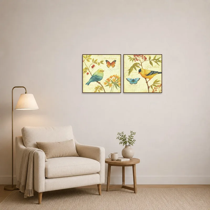 Reading corner enhanced by a calming avian and butterfly floral art set.