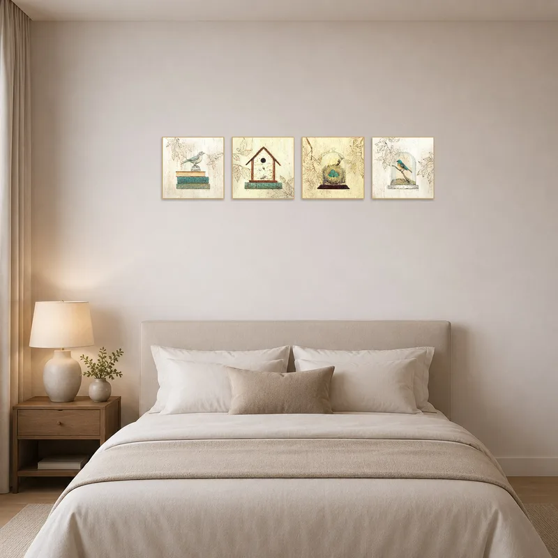 Bedroom with charming birds and vintage book artwork.