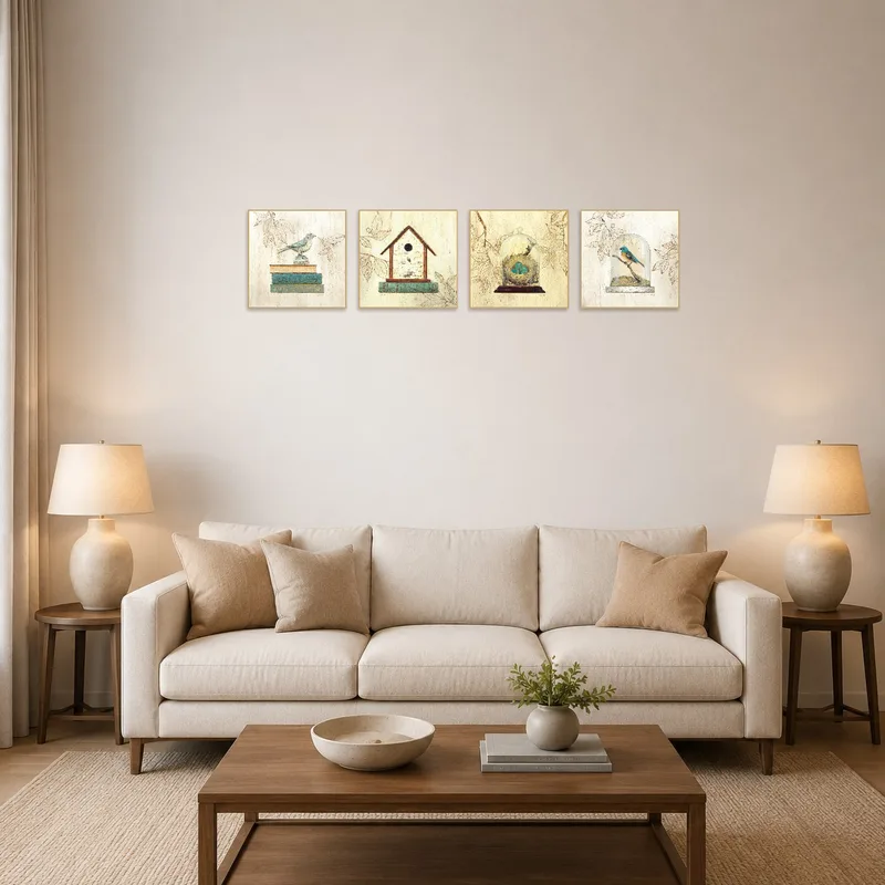 A living room with charming bird and old book art on the wall.