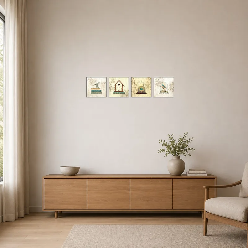 Minimalist space featuring vintage book and bird art.