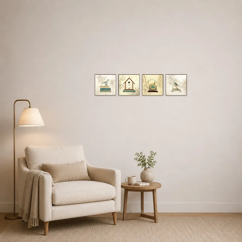 Reading corner adorned with bird and vintage book art.