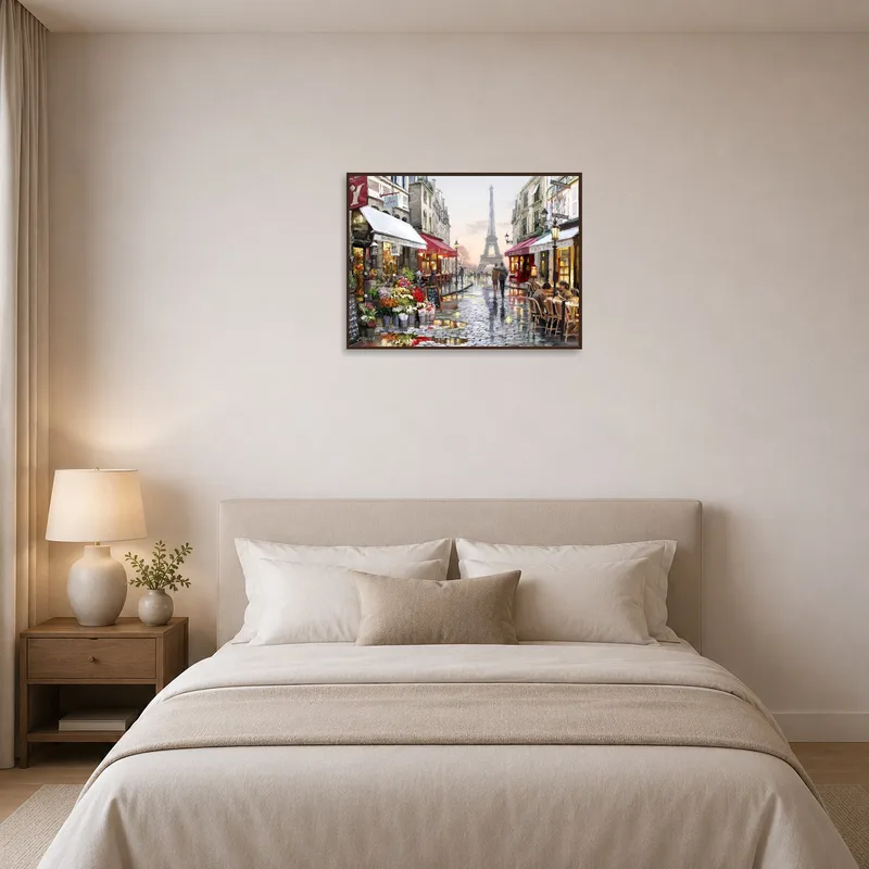 Bedroom featuring a charming Parisian street scene with Eiffel Tower.