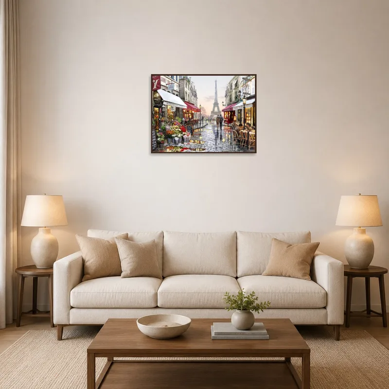 Living room with charming Paris street scene featuring Eiffel Tower.