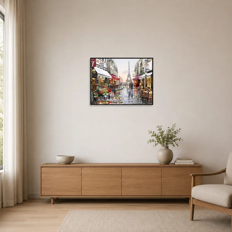Minimalist space showcasing Paris street artwork with Eiffel Tower.