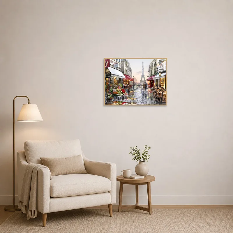 Reading corner adorned with a Paris street view and Eiffel Tower.