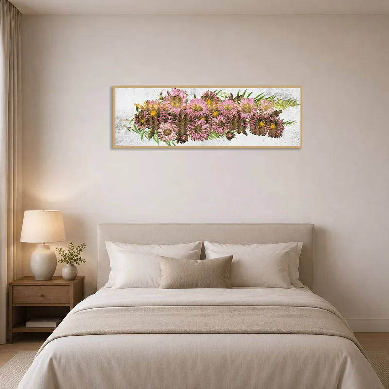 Pastel pink flower print adds calmness to a bedroom wall.