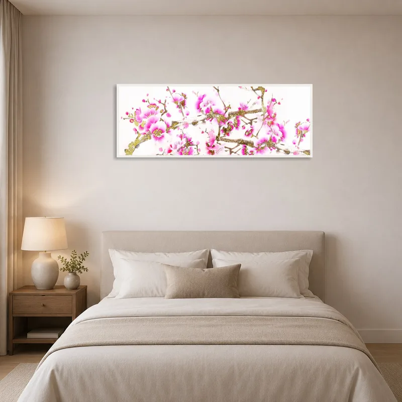 Bedroom adorned with cherry blossom branch art with gold details.