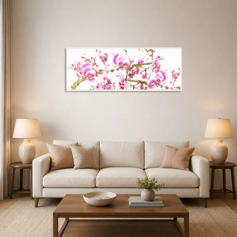 Cherry blossom art with gold accents hanging in a modern living room.