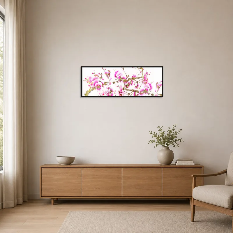 Minimalist room featuring cherry blossom art with gold details.