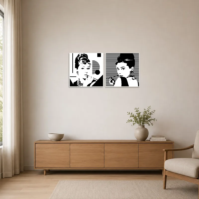 Fashion icon prints create a crisp look in the minimalist room setting.