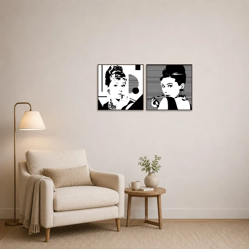 Reading corner adorned with black and white fashion icon prints for added flair.