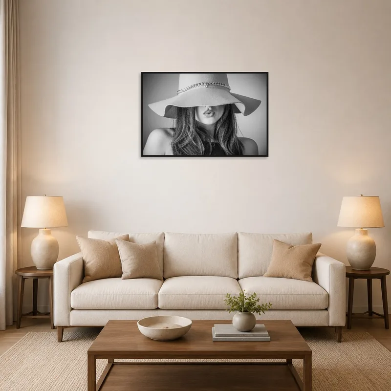 A stylish artwork of a monochrome woman in a hat adds sophistication to the living room wall.
