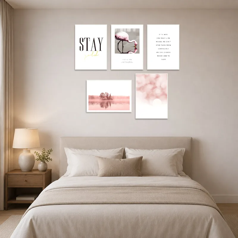Bedroom wall adorned with chic, inspirational scenery.