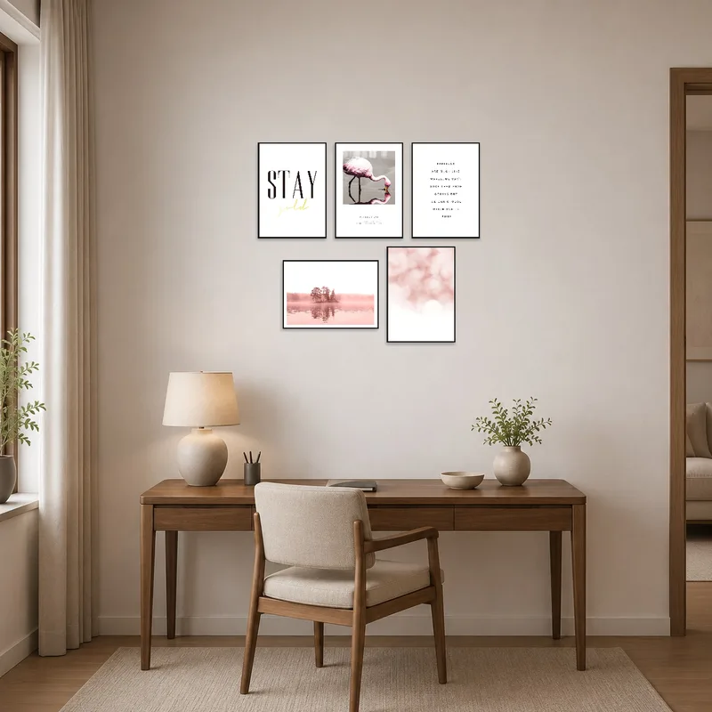 Home office elevated by chic and scenic inspirational pieces.