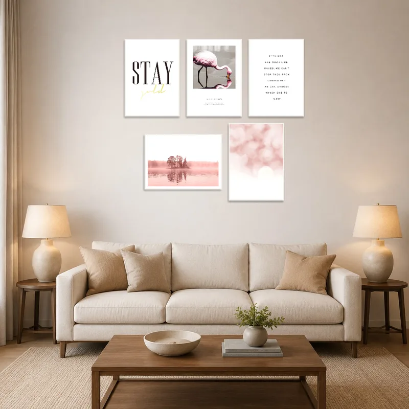 Chic art set adds elegance and inspiration to the living room wall.