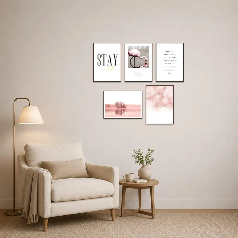 Scenic art set creates a serene vibe in a cozy reading corner.