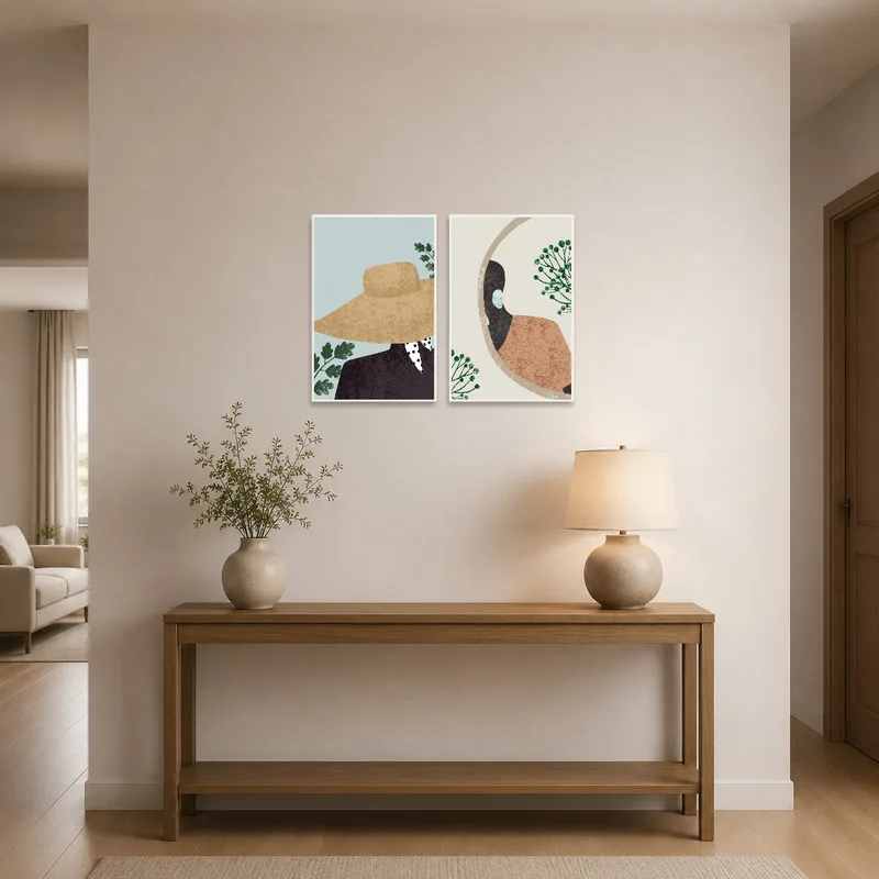 Nature and fashion art set welcoming guests in an elegant entrance hall.