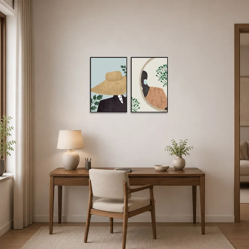 Stylish art pair elevating the aesthetic of a contemporary home office.