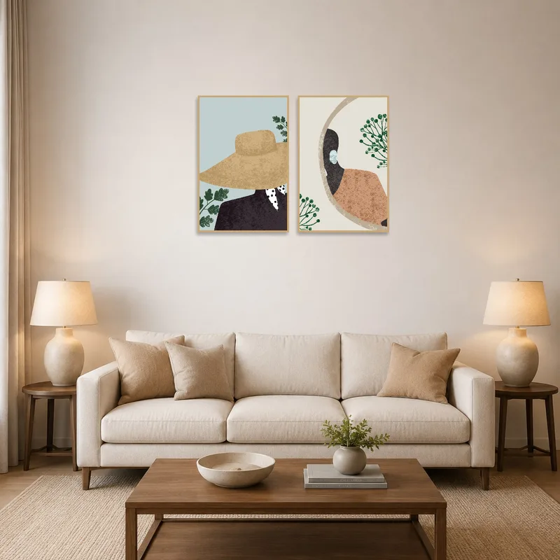 Minimalist fashion and nature duo art set above a modern living room sofa.