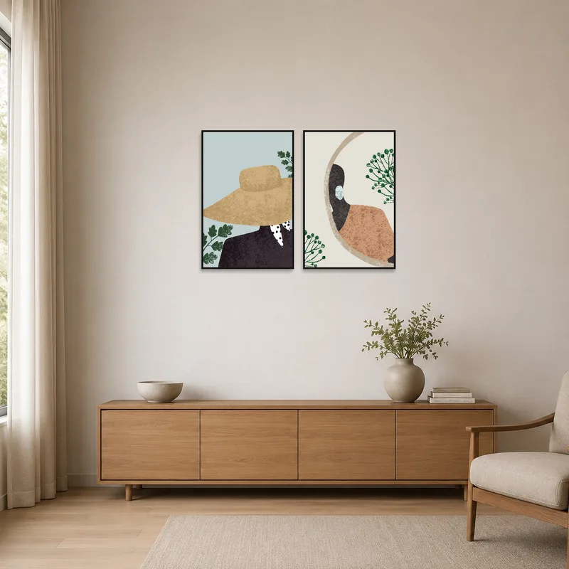 Fashion and nature art duo complementing a clean minimalist space.