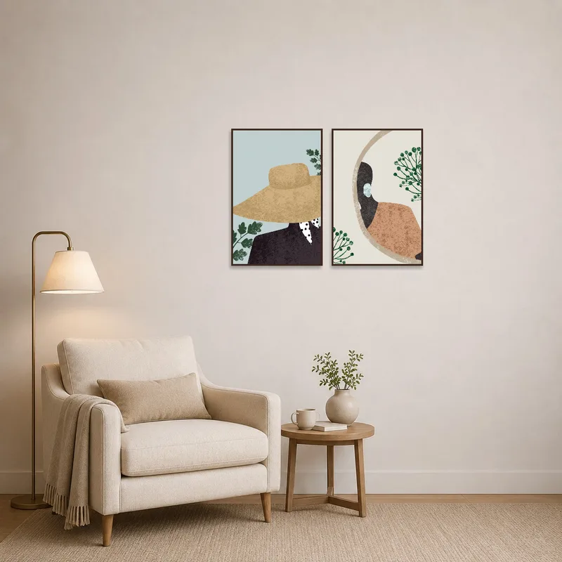 Chic art set enhances a serene reading corner ambiance.