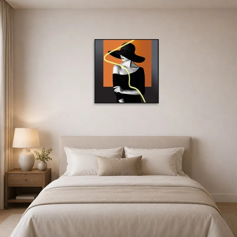 Bedroom wall adorned with a chic noir portrait featuring neon accents.
