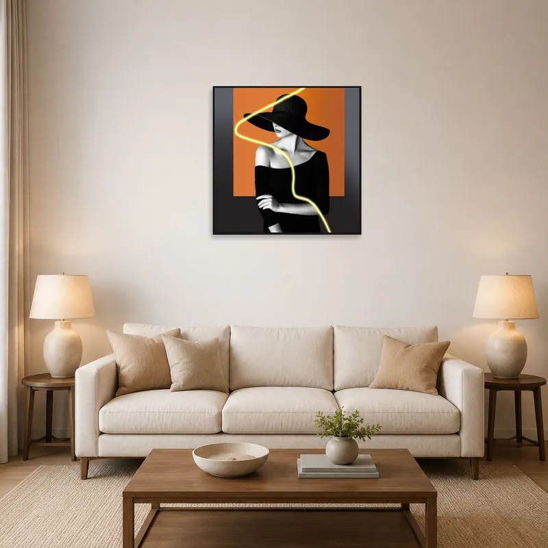 A chic noir portrait with neon accent adds elegance to the living room wall.