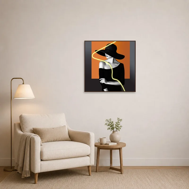 Neon-accented noir portrait sets a stylish tone in the reading corner.