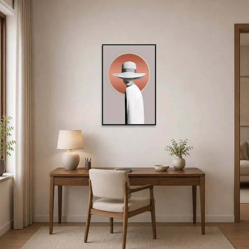 Chic silhouette art print enriches a sleek home office.