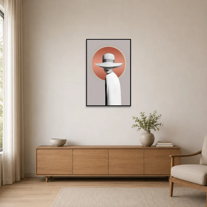 Minimalist space enhanced by chic silhouette with hat art print.