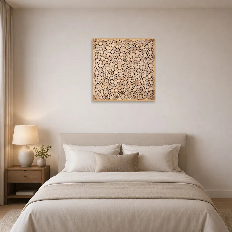 Relaxing bedroom scene with nature art print, wooden textures adding warmth above the bed.