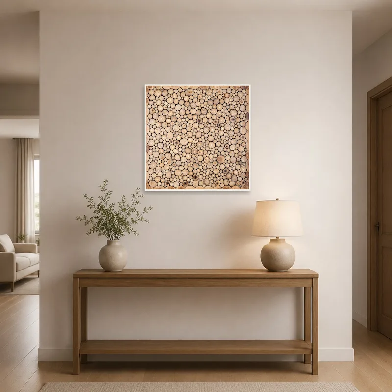 Art print of circular wooden patterns welcoming guests in the entrance hallway.