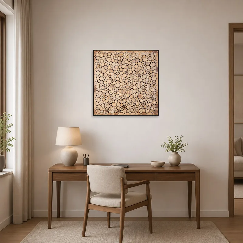 Home office featuring nature print of circular wooden patterns, complementing a creative workspace.