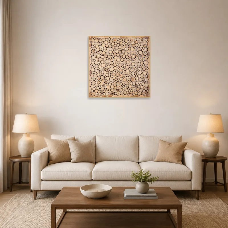Nature print with wooden patterns hanging above the sofa in a cozy living room.