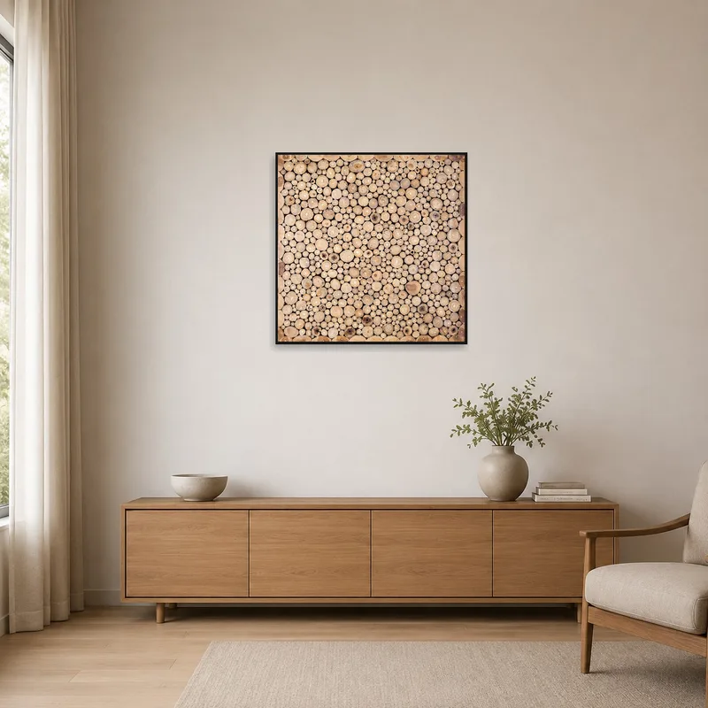 Simplistic room featuring a nature art print with circular wooden designs on a white wall.