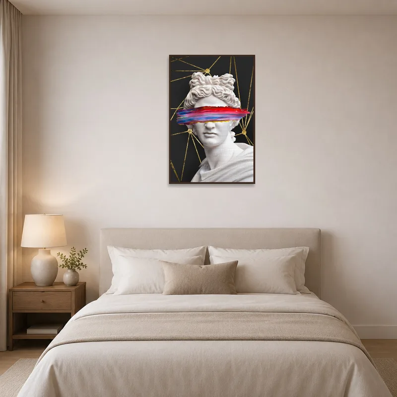 Classic bust print brings sophistication to an elegant bedroom setting.