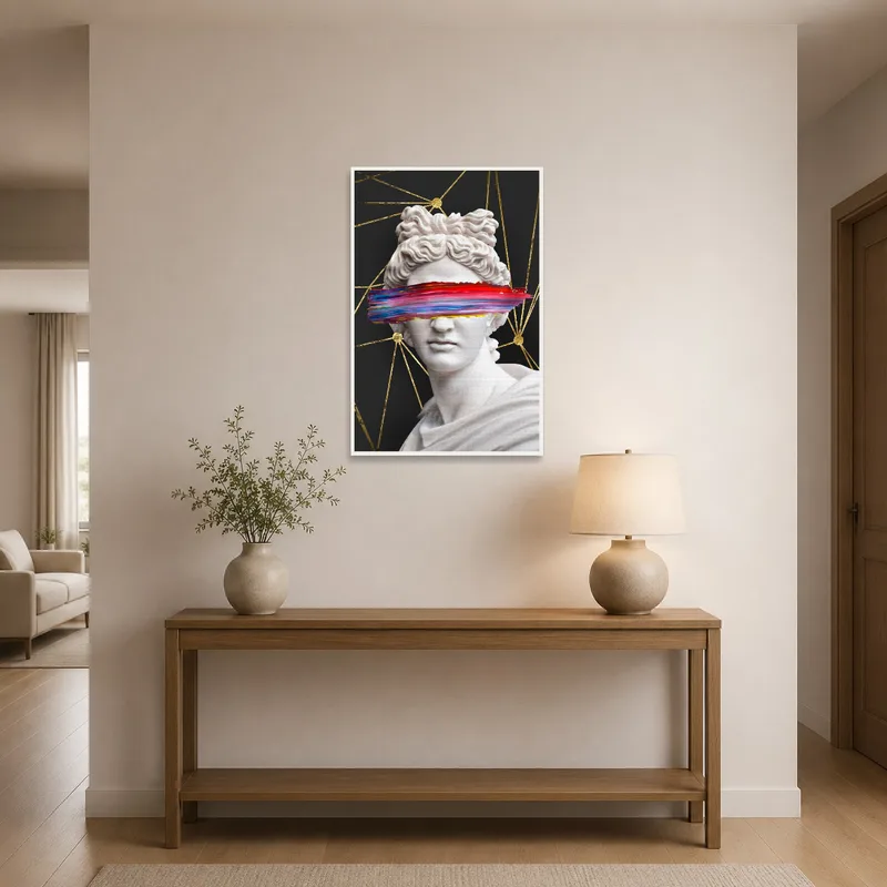 Bold bust print adds elegance to a stylish entrance hall.