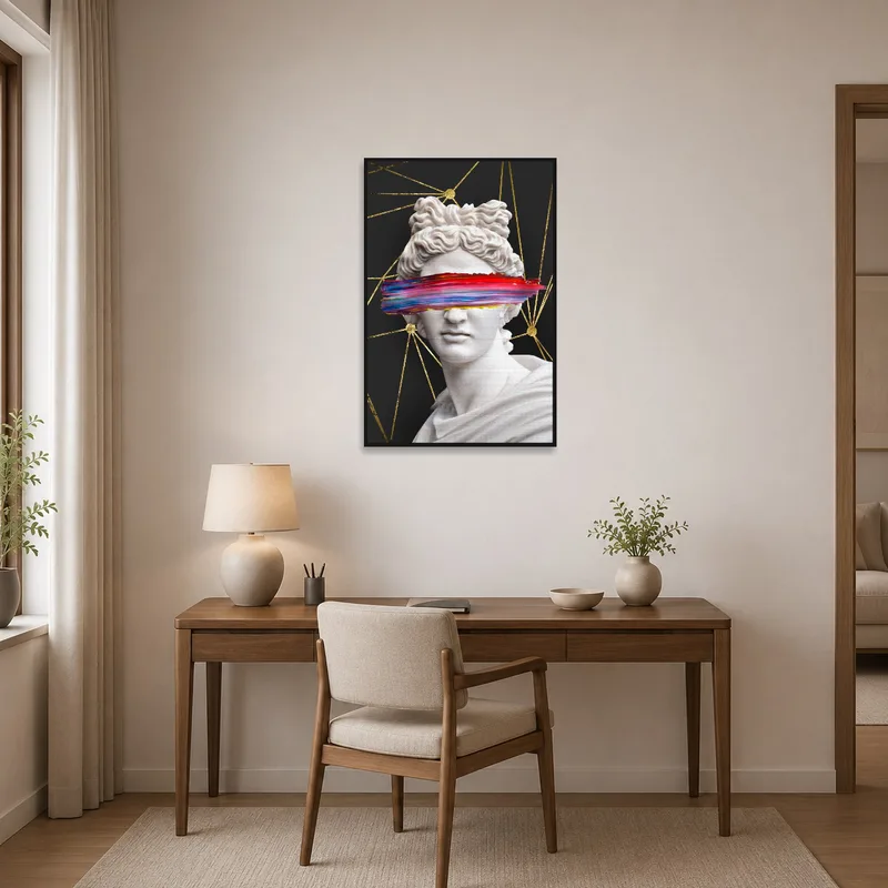 Classic bust print elevates the ambiance of a contemporary home office.