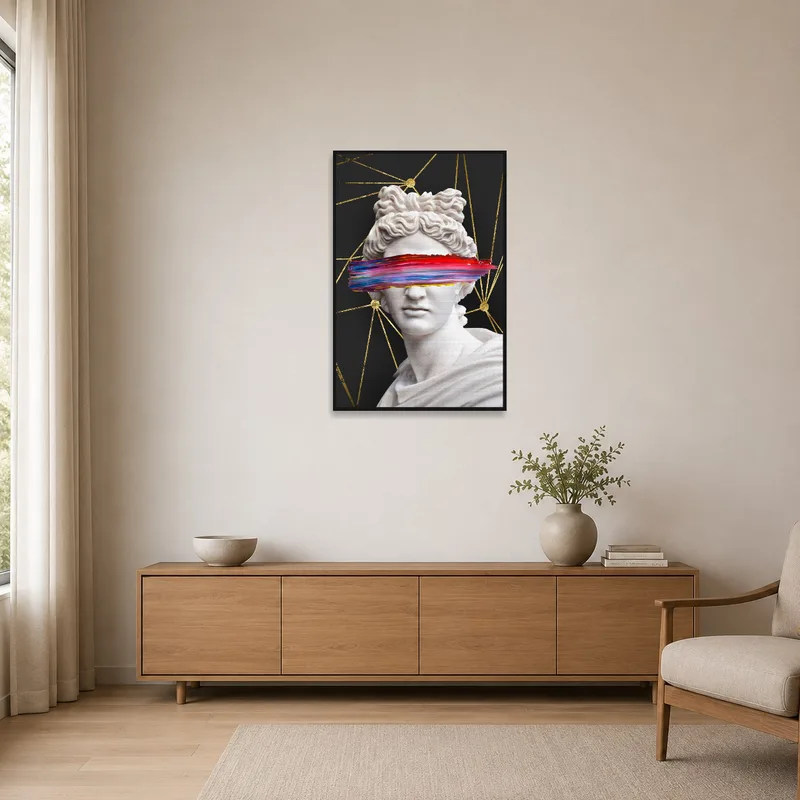 Classic bust print accentuates the clean lines of a minimalist space.