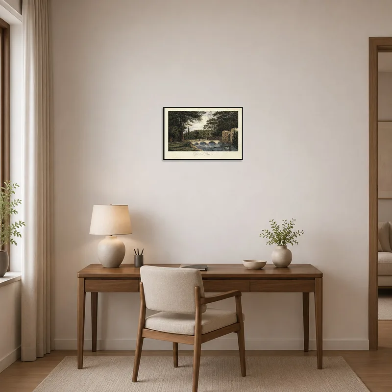 Peaceful landscape with a bridge and trees in a home office.