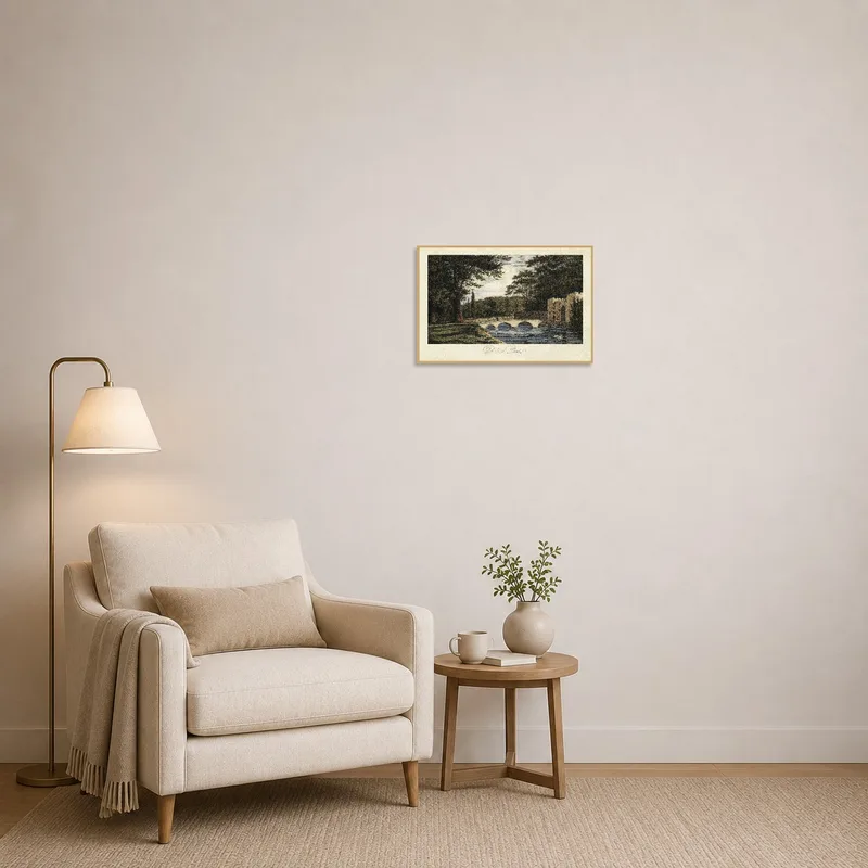 Tranquil landscape scene with a bridge and trees in a reading corner.