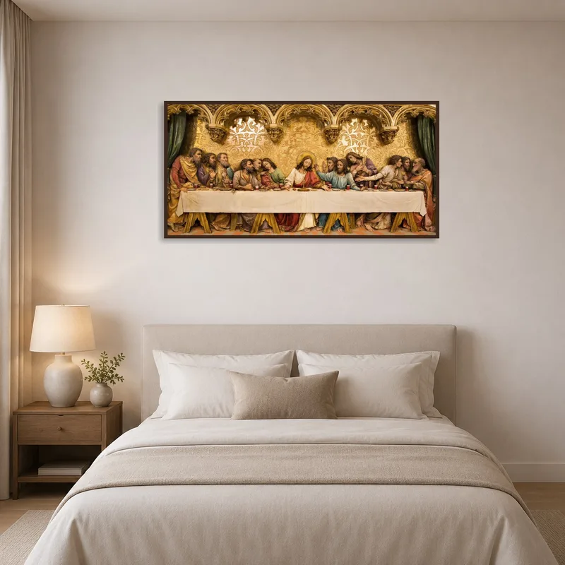 The bedroom is a haven of peace, highlighted by the classic religious masterpiece's ornate details.