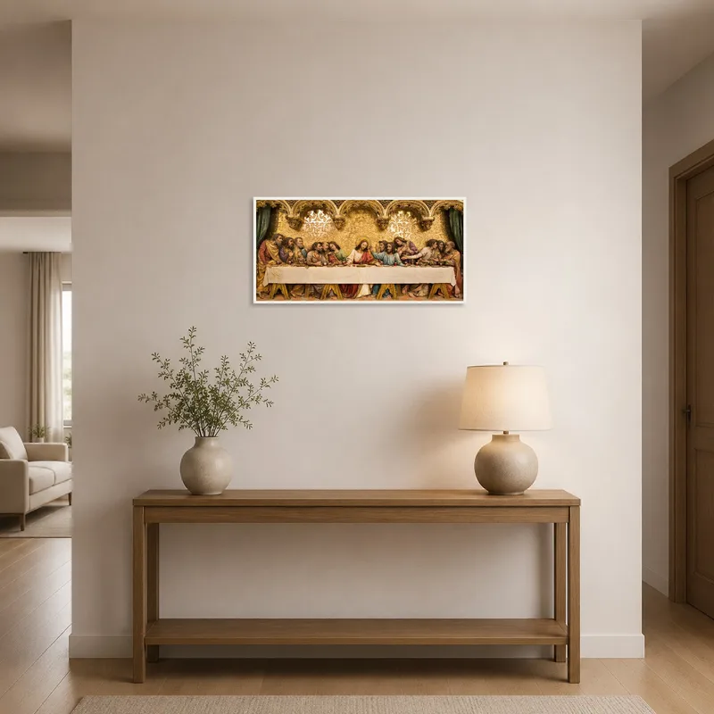 Religious masterpiece welcomes guests in an entrance-hall, enhancing the space's elegance and warmth.
