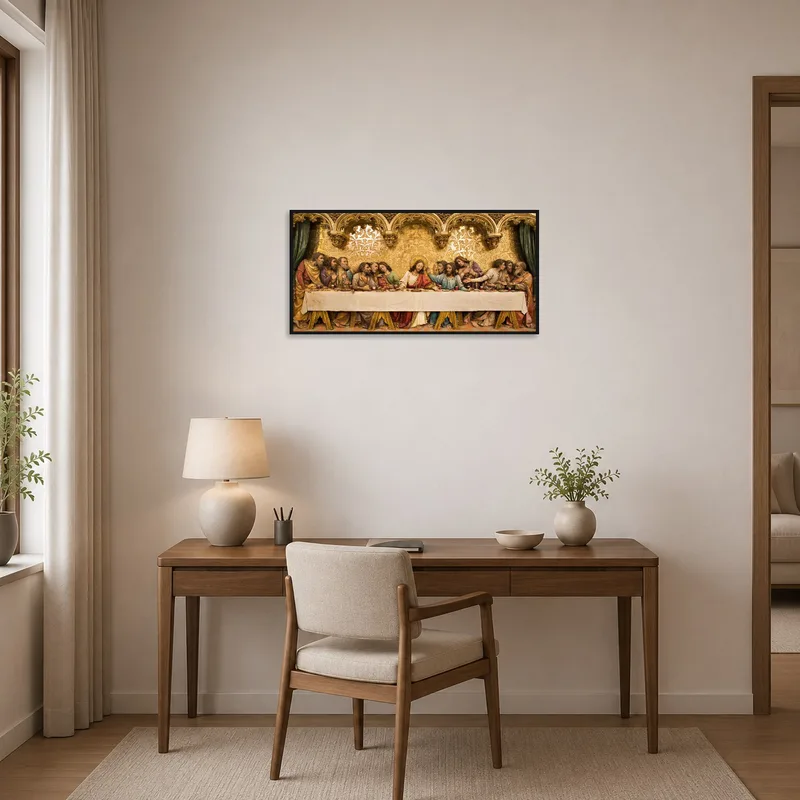 This home-office exudes sophistication with the religious masterpiece adding a touch of class.